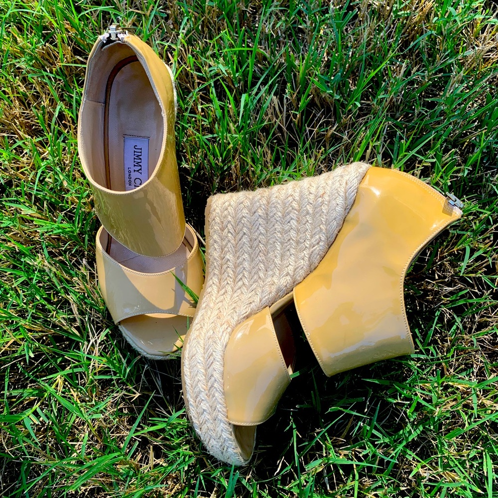 Jimmy Choo Lagoon Nude Patent Leather Wide Ankle Strap Espadrilles size 37 - Picture 1 of 9
